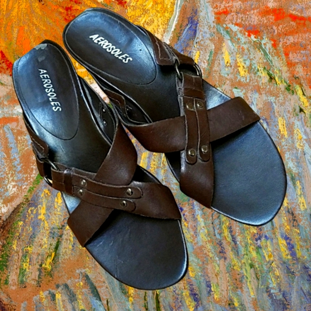 Aerosoles Slides 3 1/4" Heel Brown Leather